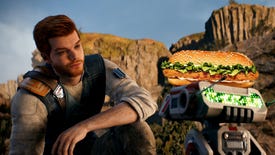 The robot from Star Wars Jedi: Survivor balances a Burger King chicken burger on its head as it offers it to Cal Kestis.