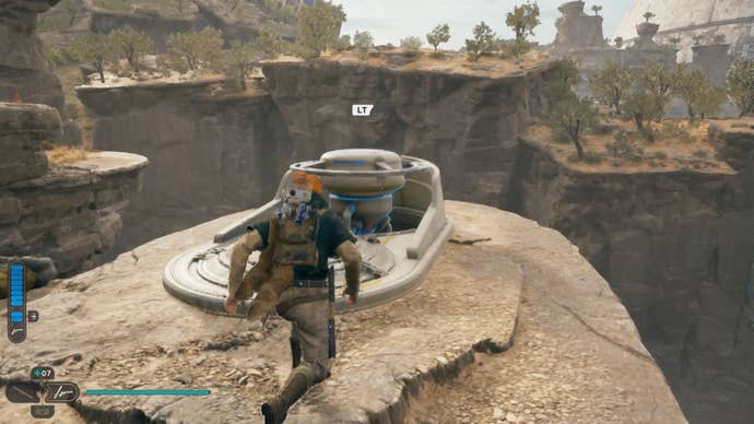 The movable grapple balloon that Cal Kestis can take to the birdlike creature that will take him to the Star Wars Jedi: Survivor Derelict Dam elevator top.