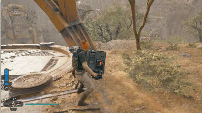 Cal Kestis arrives at the Star Wars Jedi: Survivor Derelict Dam elevator top.