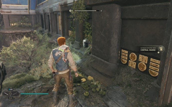 Cal approaches a Databank entry on Koboh in Jedi: Survivor.