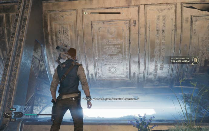 Cal scans a section of wall on Koboh for a databank entry in Jedi: Survivor.