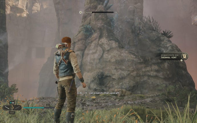 Cal scans a thermal vent on Koboh in Jedi: Survivor.