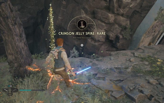 Cal slashes a plant on Koboh in Jedi: Survivor.