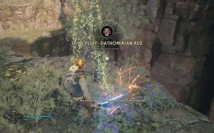 Cal slashes a plant on Koboh in Jedi: Survivor.