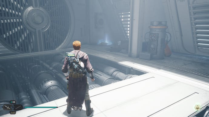 Cal approaches and picks up a collectible item on Koboh in Jedi: Survivor.