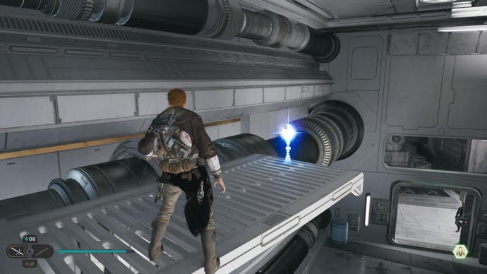 Cal approaches and picks up a collectible item on Koboh in Jedi: Survivor.