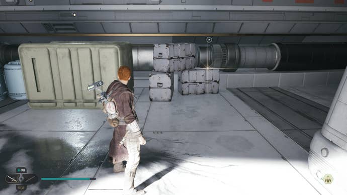 Cal approaches and picks up a collectible item on Koboh in Jedi: Survivor.