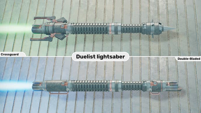 Two close-up images of the Duelist lightsaber in Jedi: Survivor. The top image is of the lightsaber in Crossguard form with a green blade, while the bottom image is of the double-bladed form with a blue blade.