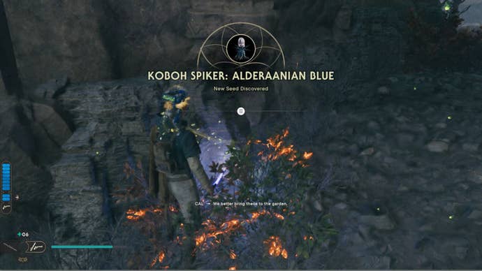 Cal approaches and picks up a collectible item on Koboh in Jedi: Survivor.