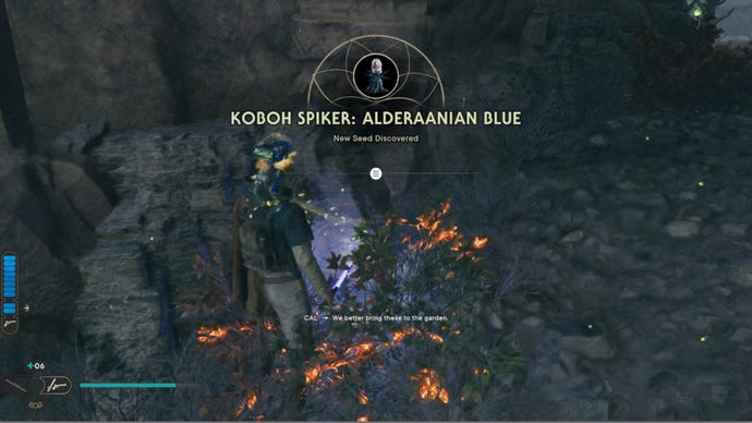 Cal approaches and picks up a collectible item on Koboh in Jedi: Survivor.