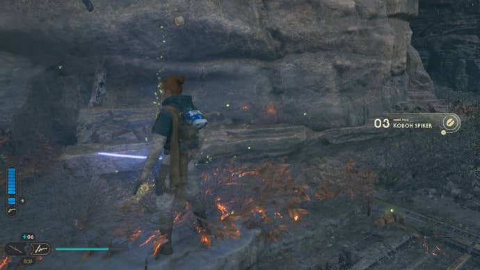 Cal approaches and picks up a collectible item on Koboh in Jedi: Survivor.