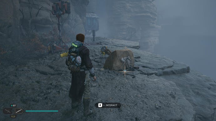 Cal approaches and picks up a collectible item on Koboh in Jedi: Survivor.