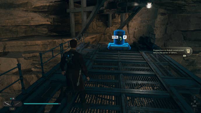 Cal approaches and picks up a collectible item on Koboh in Jedi: Survivor.