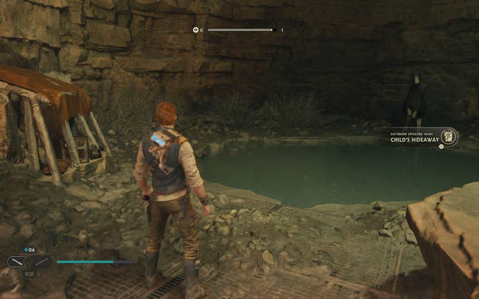 Cal approaches and picks up a collectible item on Koboh in Jedi: Survivor.