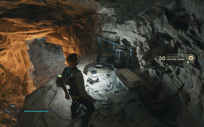 Cal approaches and picks up a collectible item on Koboh in Jedi: Survivor.