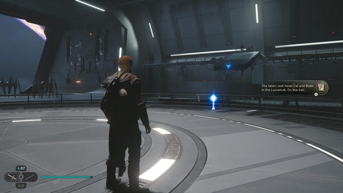 Cal approaches and picks up a collectible on Koboh in Jedi: Survivor.