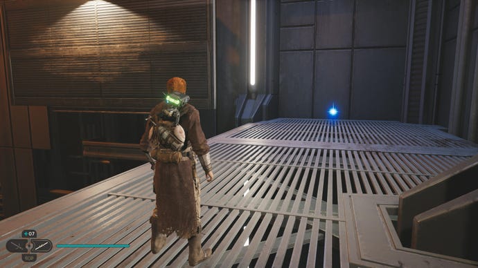 Cal approaches and picks up a collectible on Koboh in Jedi: Survivor.