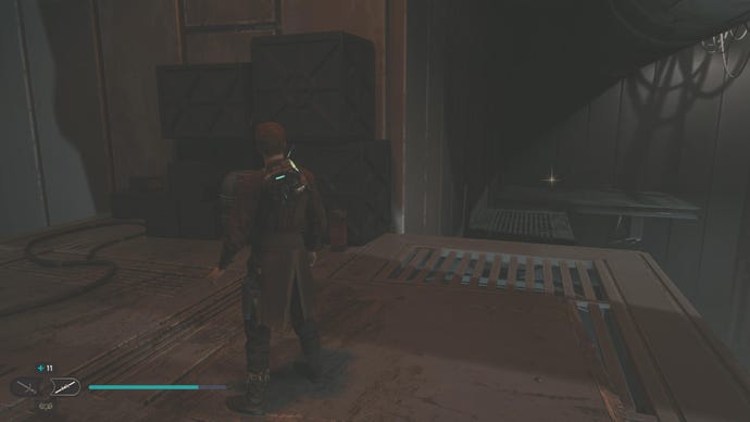 Cal approaches and picks up a collectible on Koboh in Jedi: Survivor.