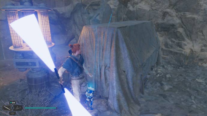 Cal approaches and picks up a collectible item on Koboh in Jedi: Survivor.