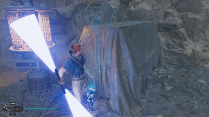 Cal approaches and picks up a collectible item on Koboh in Jedi: Survivor.