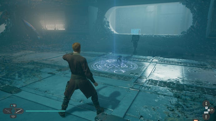 Cal stands in front of the Meditation Point and terminal in Alignment Control Center on Koboh in Jedi: Survivor.