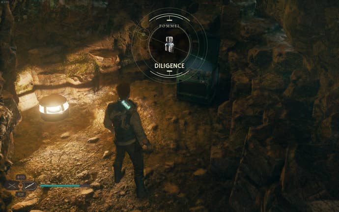 Cal opens up a chest in a cave in Jedi: Survivor.