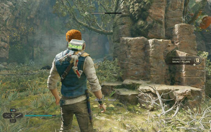 Cal and BD-1 scan a databank entry in the Basalt Rift of Koboh in Jedi: Survivor.