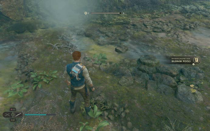 Cal and BD-1 scan a databank entry in the Basalt Rift of Koboh in Jedi: Survivor.