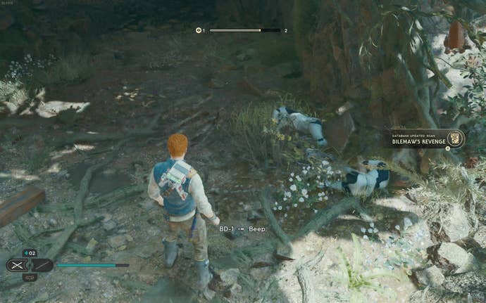 Cal and BD-1 scan a databank entry in the Basalt Rift of Koboh in Jedi: Survivor.