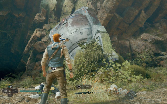 Cal and BD-1 scan a databank entry in the Basalt Rift of Koboh in Jedi: Survivor.