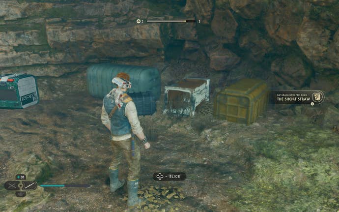 Cal and BD-1 scan a databank entry in the Basalt Rift of Koboh in Jedi: Survivor.