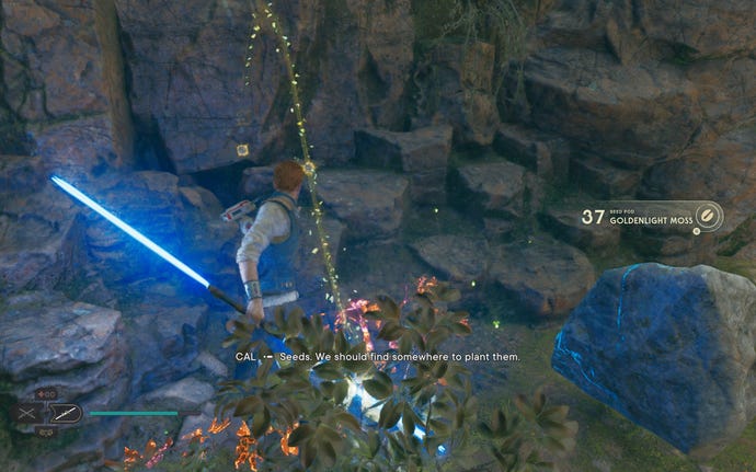 Cal slashes a plant in the Basalt Rift in Jedi: Survivor.