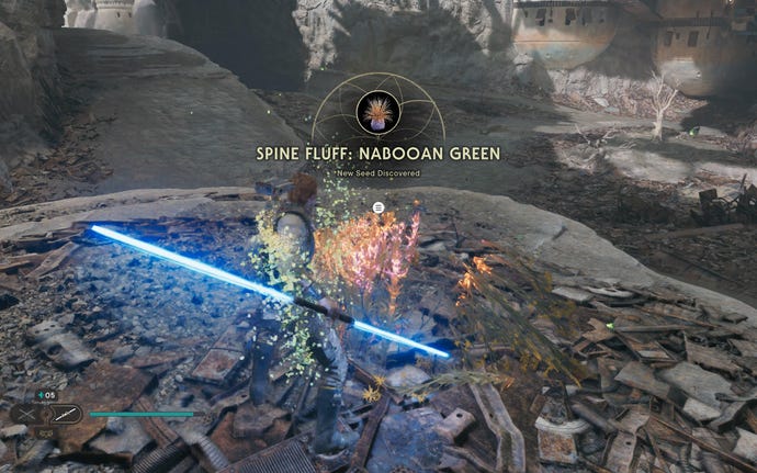 Cal cuts down a plant on Koboh in Jedi: Survivor.