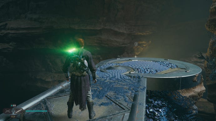 Cal approaches a Datadisc on Koboh in Jedi: Survivor.