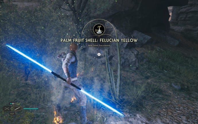 Cal cuts down a plant on Koboh in Jedi: Survivor.