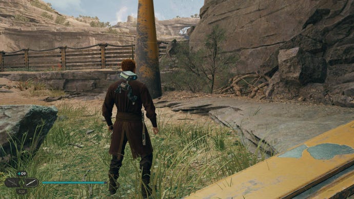 Cal cuts down a plant on Koboh in Jedi: Survivor.