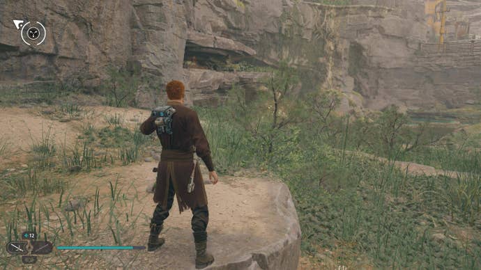 Cal approaches a glowing harvestable plant on Koboh in Jedi: Survivor.