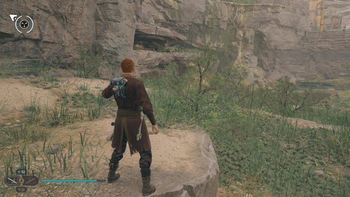 Cal approaches a glowing harvestable plant on Koboh in Jedi: Survivor.