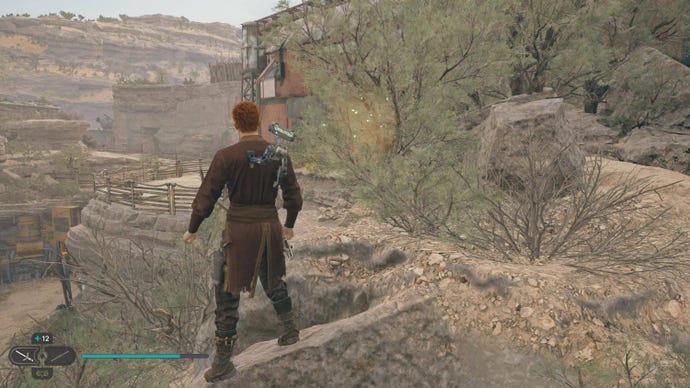 Cal approaches a glowing harvestable plant on Koboh in Jedi: Survivor.