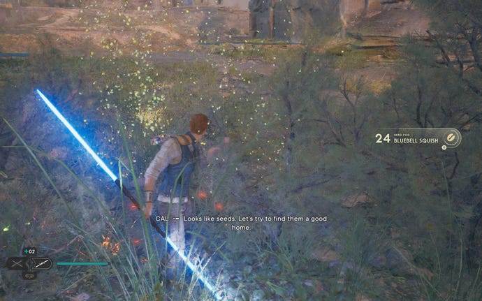 Cal cuts down a plant on Koboh in Jedi: Survivor.