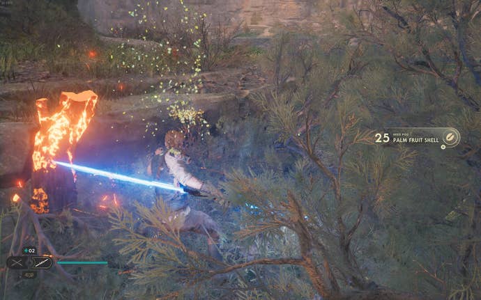 Cal cuts down a plant on Koboh in Jedi: Survivor.