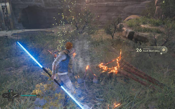 Cal cuts down a plant on Koboh in Jedi: Survivor.