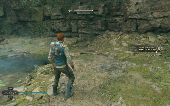 Cal and BD-1 scan some Nekko scratches on the floor on Koboh in Jedi: Survivor.