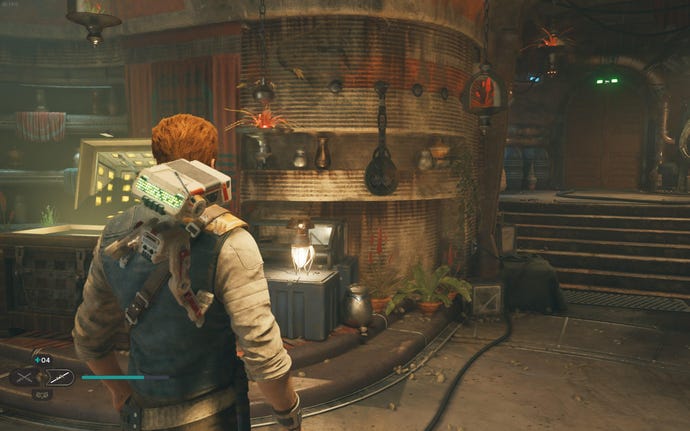 Cal scans a databank entry in Pyloon’s Saloon in Jedi: Survivor.