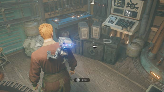 BD-1 scans Moran’s Possessions in Pyloon’s Saloon in Jedi: Survivor.