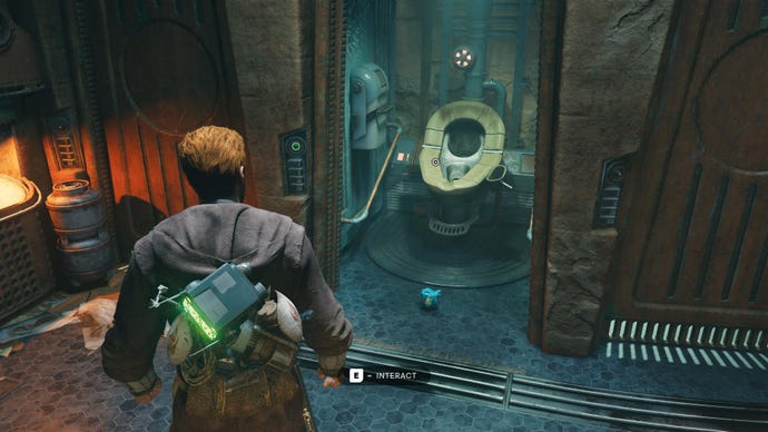 Cal looks at a Priorite Shard in a toilet cubicle in Pyloon’s Saloon, in Jedi: Survivor.