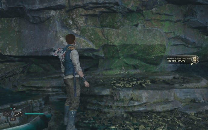 Cal listens to a Force Echo by a cliff wall in Jedi: Survivor.
