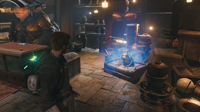 Cal surveys a frog-like creature in Doma’s shop on Koboh, in Jedi: Survivor.