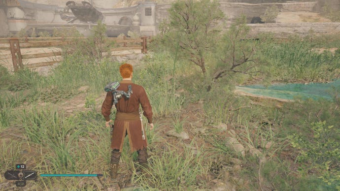 Cal approaches a plant collectible in Jedi: Survivor.