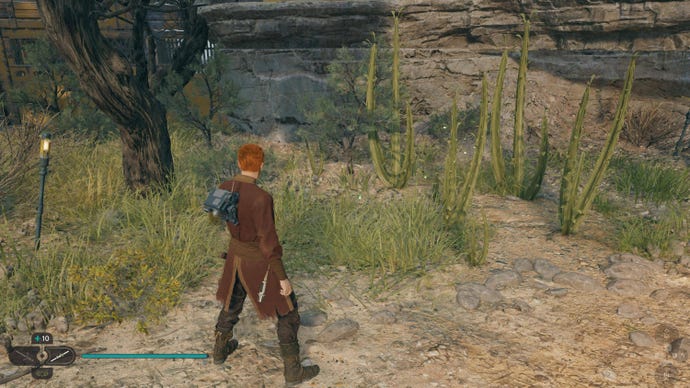 Cal looks at a glowing plant on Koboh in Jedi: Survivor.